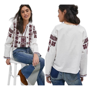 🐢Anthropology Tiny size M  Agatha boho Embroidered White& Burgundy Women's Top